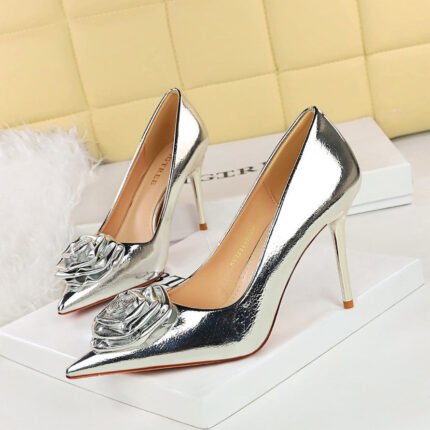 BIGTREE SHOES 9236-H56 European and American Banquet Women's Shoes Stiletto Heel Shallow Mouth Pointed Metal Feeling Rose Flower Shoes High Heel