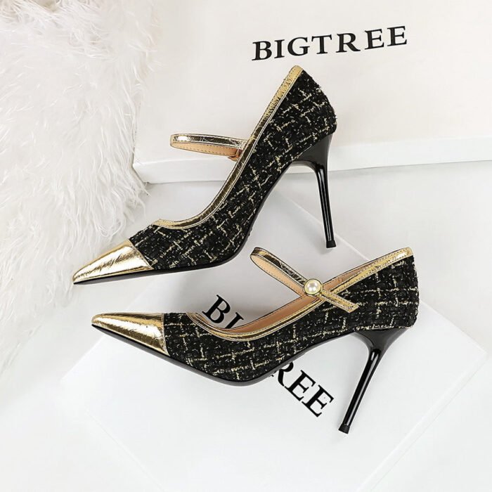 BIGTREE SHOES 3739-6 French Style Classic Style Classy High Heels Women's Shoes Stiletto Heel Shallow Mouth Color-Blocking Pointed Toe Strap Pumps High Heel - Image 4