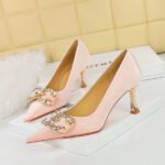BIG TREE SHOES 1818-K77 Banquet High Heels Women's Shoes High Heel Low-Cut Pointed-Toe Xishi Suede Rhinestone Buckle Bow Pumps Women - Image 4