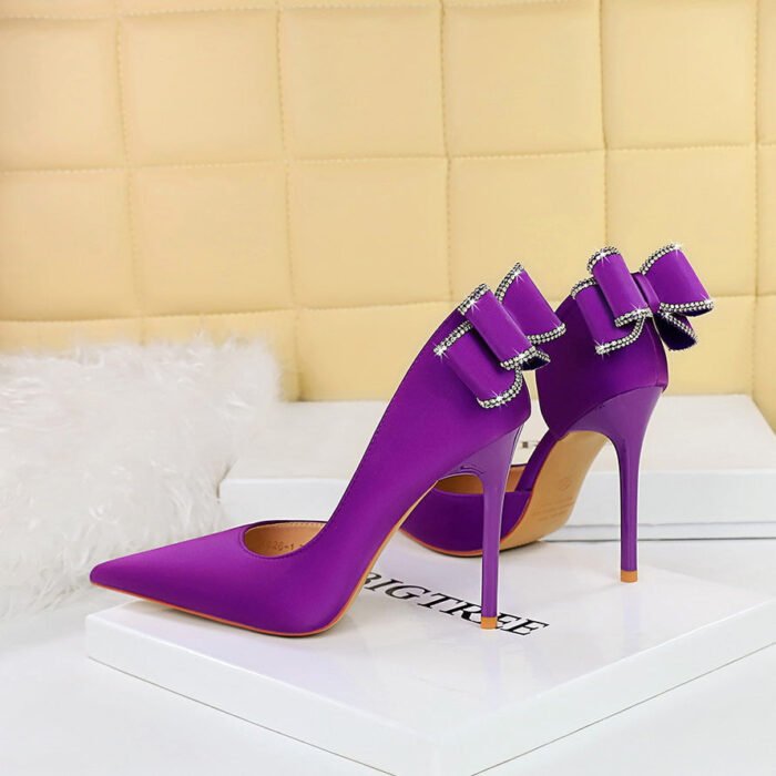 BIG TREE SHOES 626-H36m European and American Banquet High Heels Stiletto Heel Shallow Mouth Pointed Toe Side Hollow Rhinestone Back Bow Pumps - Image 4