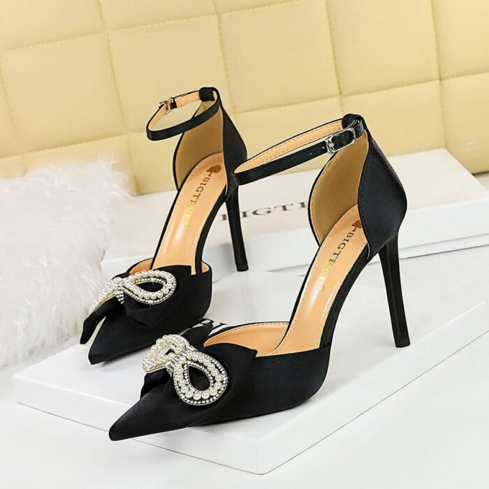 BIGTREE SHOES 9863-H28 Hollow Shoes Women's Shoes Low-Cut Pointed Hollow Satin Pearl Bow Strap Sandals - Image 1