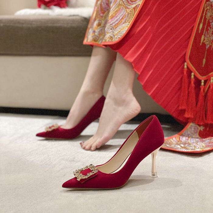 Runnig heels C888-31 Red Wedding Shoes Bridal Shoes High-Grade Pointed Wedding Shoes - Image 1