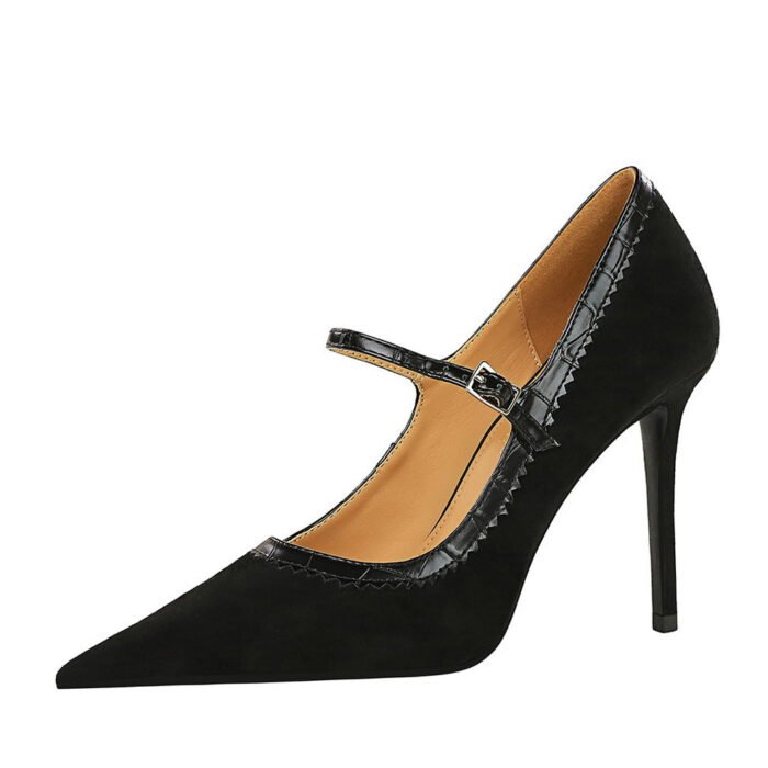Bigtree Shoes 1198-6 Retro Europe and America Wind Black High Heels Stiletto Heel Suede Shallow Mouth Pointed Toe Strap Women's Shoes - Image 5