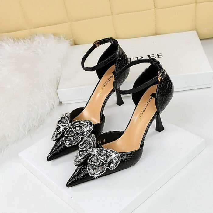 BIGTREE SHOES 8323-H23 European and American Banquet Women's Shoes High Heel Low-Cut Pointed-Toe Hollowed Strap Hollow-out Rhinestone Bow Sandals - Image 3