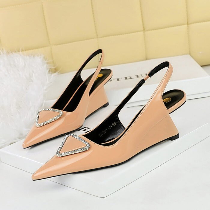 BIGTREE SHOES 1097-K37 European and American Banquet Women's Fashion Shoes High Heel Wedge Shiny Patent Leather Rhinestone Buckle Hollow Back Strap Pumps - Image 2