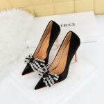 Big Tree Shoes 1829-H1 Banquet High Heels European and American Style Stiletto Heel Shallow Mouth Pointed Toe Satin Rhinestone Bow Pumps - Image 4