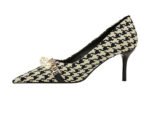 9283-A1 European and American thin-heeled high-heeled shallow-pointed cloth plaid houndstooth metal chain pearl shoes - Image 26