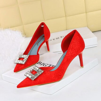 BIGTREE SHOES 6168-Ak50 Korean Style Fashion Banquet Women's Shoes Stiletto Heel Cloth Shallow Mouth Pointed-Toe Metal Rhinestone Buckle Pumps
