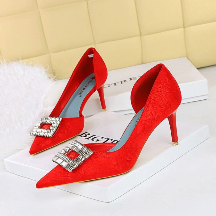BIGTREE SHOES 6168-Ak50 Korean Style Fashion Banquet Women's Shoes Stiletto Heel Cloth Shallow Mouth Pointed-Toe Metal Rhinestone Buckle Pumps - Image 1