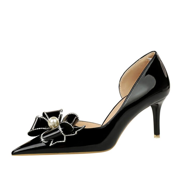 BIGTREE 638-AH13 European and American Banquet High Heel Shiny Patent Leather Shallow Mouth Pointed Side Hollow Pearl Rhinestone Bow Pumps - Image 5