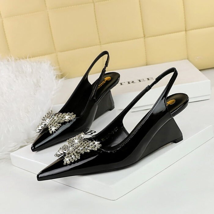 BIGTREE SHOES 1097-k53 High Heel Wedge Patent Leather Shallow Mouth Pointed Hollow Back Strap Metal Rhinestone Bow Single-Layer Shoes Women's Shoes - Image 2