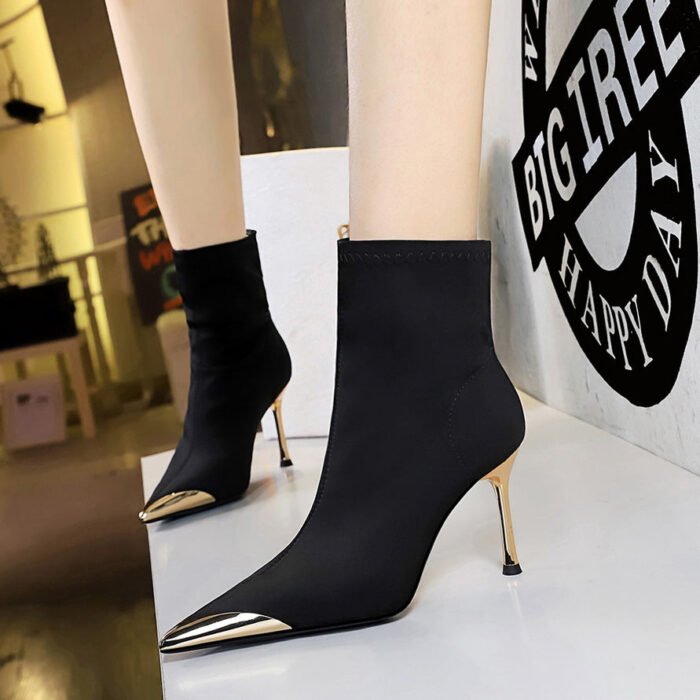 Bigtree Shoes 319-13 European and American Style Fashion Banquet Women's Short Boots Stiletto Heel Elastic Lycra Metal Pointed Ankle Boots - Image 1
