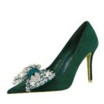 BIGTREE 516-h9 Korean Style Fashion Banquet High Heels Stiletto Suede Shallow Mouth Pointed Toe Rhinestone Bow Pumps Women's Shoes - Image 5
