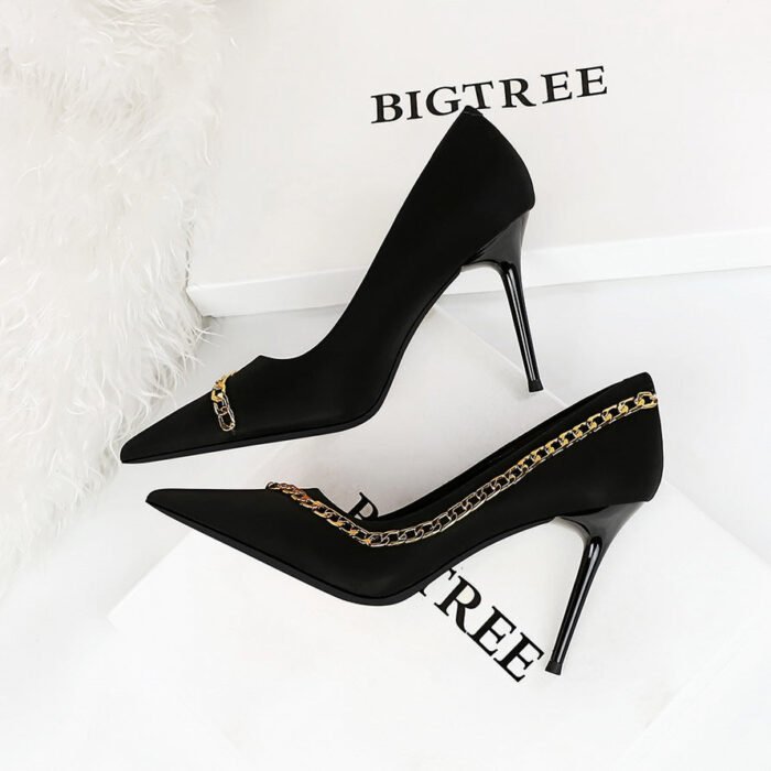 BIG TREE SHOES 3739-2 European and American Sexy Nightclubs Thinner Stiletto Heel Shallow Mouth Pointed-Toe Metal Chain Chain Women's Thin Shoes - Image 3