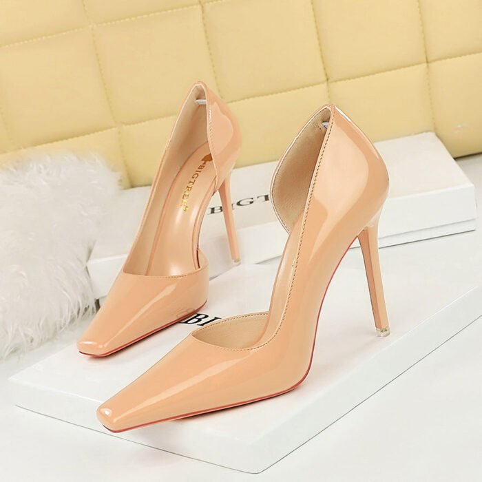 BIG TREE SHOES 328 7-1 European and American Style Simple Stiletto Heel Women's Shoes Shiny Patent Leather Low-Cut Square Toe Side Hollow High Heel Pumps - Image 2