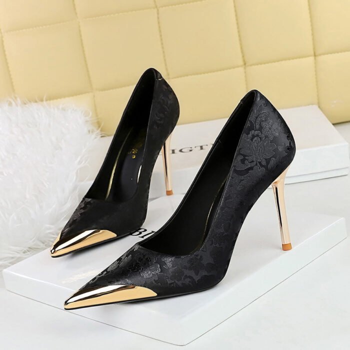 BIGTREE SHOES 9318-10 National Style Women's Shoes High Heels Silk Stiletto Low-Cut Metal Pointed Toe Satin Banquet High Heel Pumps Women - Image 2