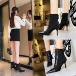 BIG TREE SHOES 1838-1 Korean Fashion Slimming Female Boots Stiletto Heel Shallow Mouth Pointed-Toe Lace Cross Strap Ankle Boots - Image 4