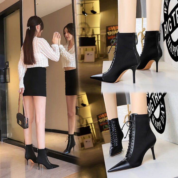 BIG TREE SHOES 1838-1 Korean Fashion Sexy Slimming Female Boots Stiletto Heel Shallow Mouth Pointed-Toe Lace Cross Strap Ankle Boots - Image 4