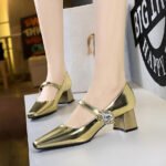 BIGTREE SHOES 5288-K86Women's Shoes Mid Heel Chunky Heel Shallow Mouth Square Toe Rhinestone Buckle Single Strap Shoes for Women - Image 4