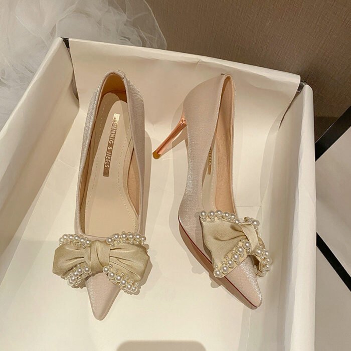 858-61 High Heels Women's New Buckle Pearl Bow Temperament Leisure Pumps - Image 2