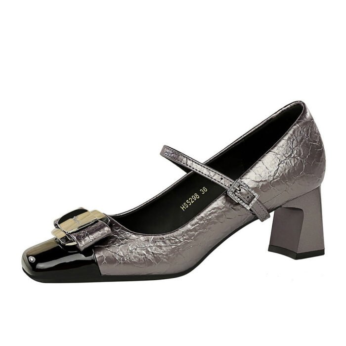 BIGTREE SHOES 5298-K91 European and American Style Women's Shoes Versatile Mid Heel Chunky Heel Shallow Mouth Color Block Metal Buckle Bowknot Strap Single Shoes - Image 5