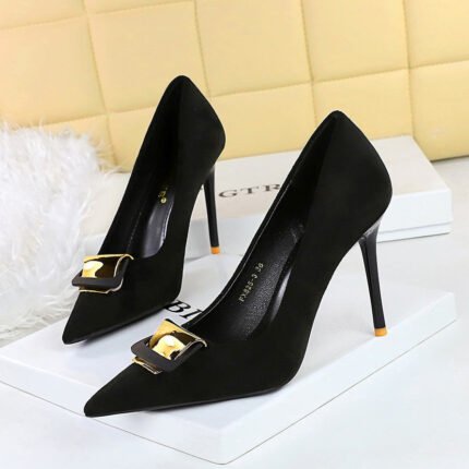 BIGTREE SHOES 825-K56 European and American Style Super High Heel Women's Shoes Stiletto Suede Shallow Mouth Pointed Toe Metal Buckle Decorative Pumps High Heels
