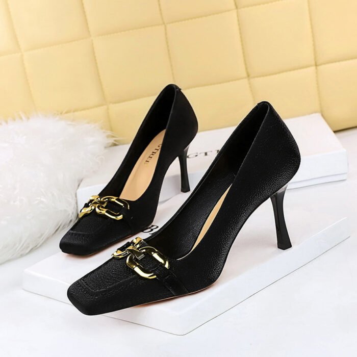 BIG TREE SHOES 7792-6 Vintage European and American Fashionable Figure Flattering Stiletto Heel Low-Cut Square Toe Metal Buckle Decoration Pumps High Heels - Image 1