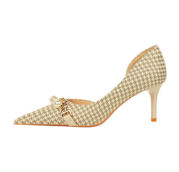 8829-A1 Korean version of high-heeled shallow-mouth pointed side hollow cloth plaid pearl metal chain houndstooth shoes - Image 25