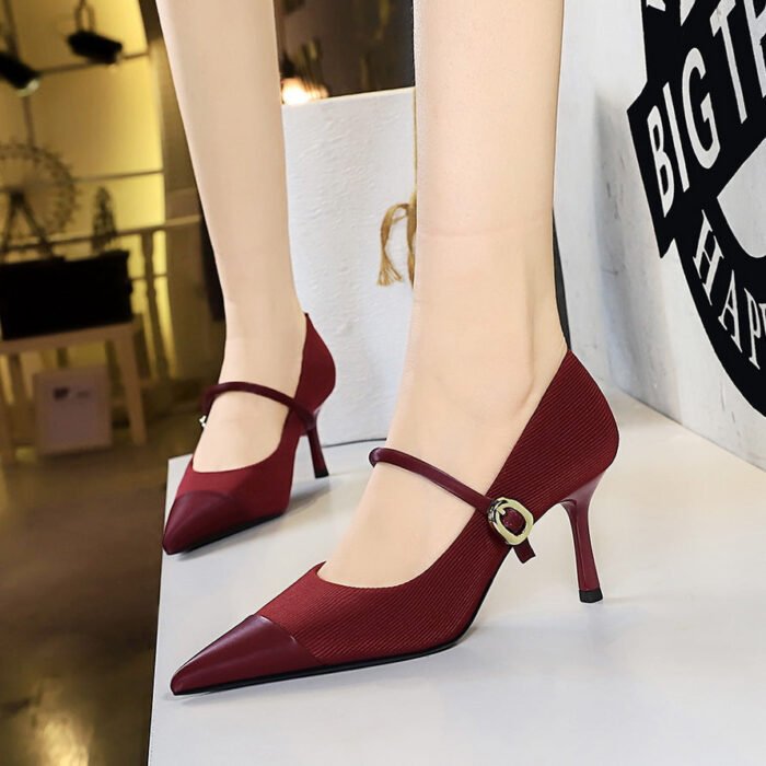 BIGTREE SHOES 9116-A3 Banquet High Heels Stiletto Low-Cut Pointed Corduroy Metal Buckle Ankle-Strap High Heel Pumps Women - Image 1