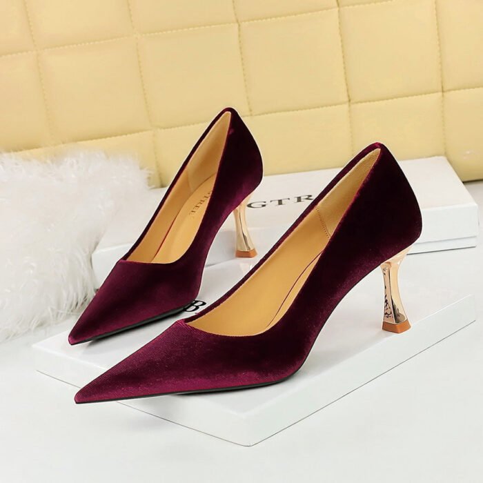 BIG TREE SHOES 1818-2 European and American Style Fashion Simple Banquet High Heels Metal Heel High Heel Xi Shi Suede Low-Cut Pointed-Toe Shoes - Image 1