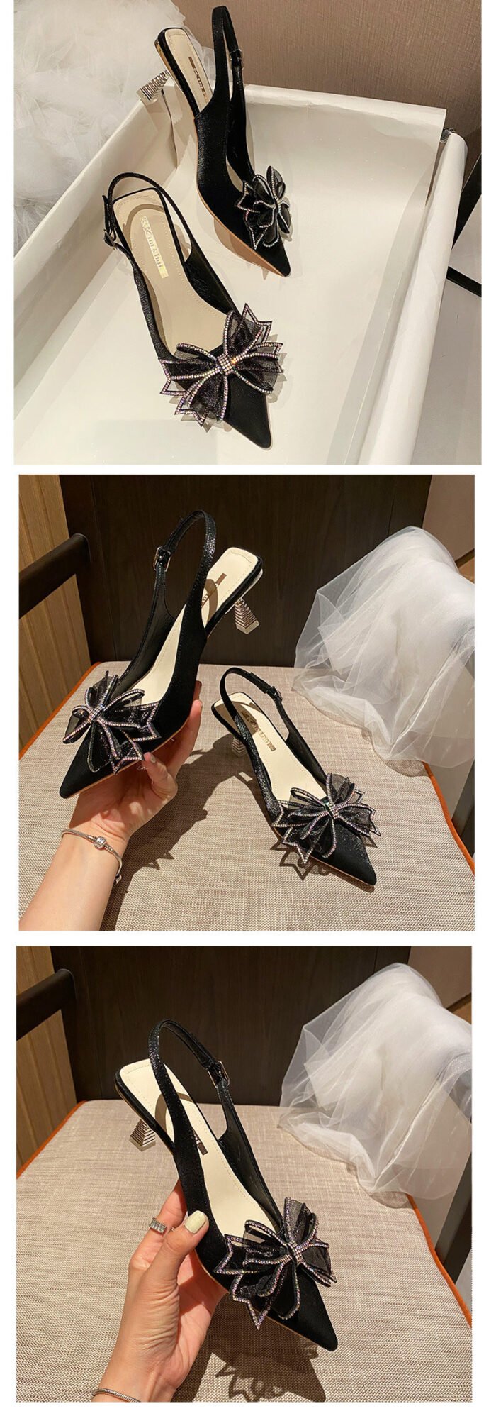 616-51 Pointed High Heels Women's New Elegant Mesh Butterfly Rhinestone Casual Shoes - Image 9