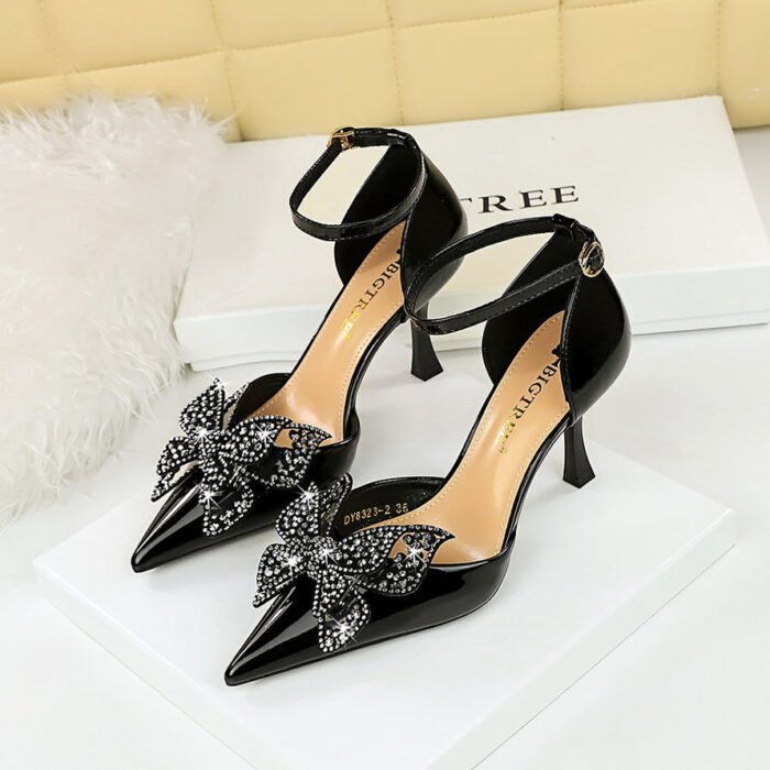 BIGTREE SHOES 8323-h22 European and American Style Fashion Banquet Hollow High Heels Patent Leather Low-Cut Pointed Toe Rhinestone Bow Women's Shoes - Image 4