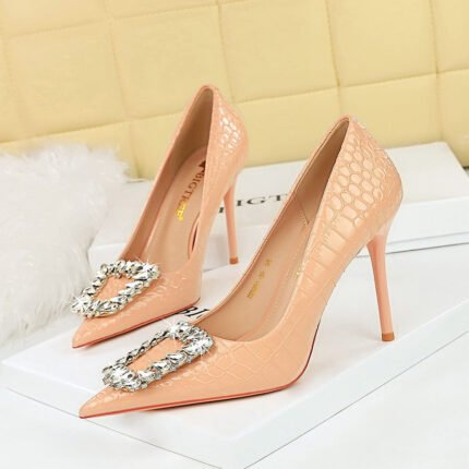 BIG TREE SHOES 3391-k30 Korean Style Fashion Banquet High Heel Stiletto Low-Cut Pointed Patent Leather Snake Pattern Rhinestone Buckle Pumps High Heel