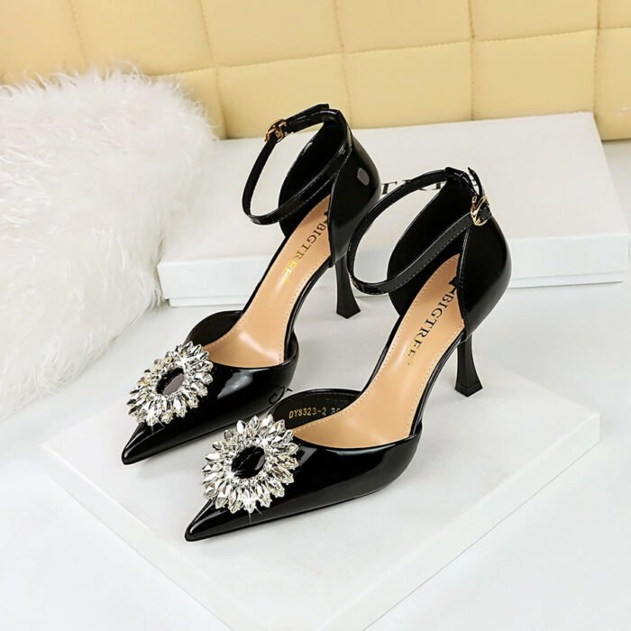 BIGTREE 8323-K29 European and American Style High Heel Low-Cut Pointed-Toe Hollowed SUNFLOWER Rhinestone Buckle Strap Sandals Women's High Heels - Image 2