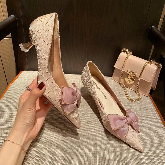 2045-117 High Heels Women's New Bow Pointed Toe Low-Cut Shoes - Image 1