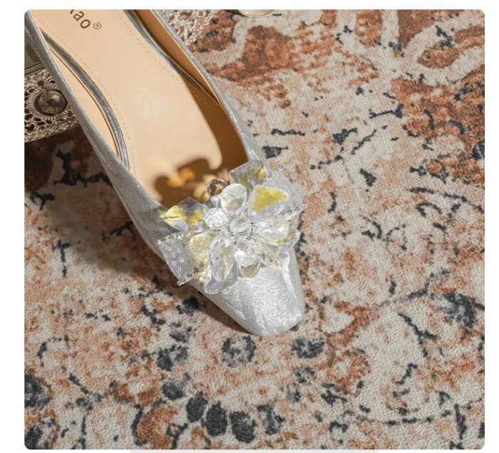 228-52 Silver Thin and Glittering Crystal Bow Thick Heel Flat Wedding Shoes Square Toe Bridal Shoes - Image 7