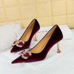 BIG TREE SHOES 1818-K77 Banquet High Heels Women's Shoes High Heel Low-Cut Pointed-Toe Xishi Suede Rhinestone Buckle Bow Pumps Women - Image 2