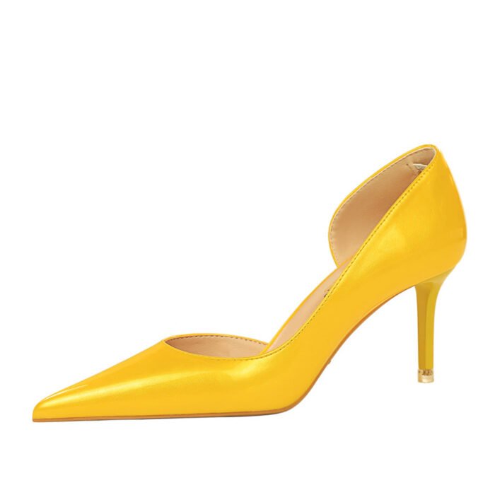 1363-A2 Korean fashion slim banquet fine heel high heel shallow pointed side hollow patent leather women's shoes single shoes high - Image 5