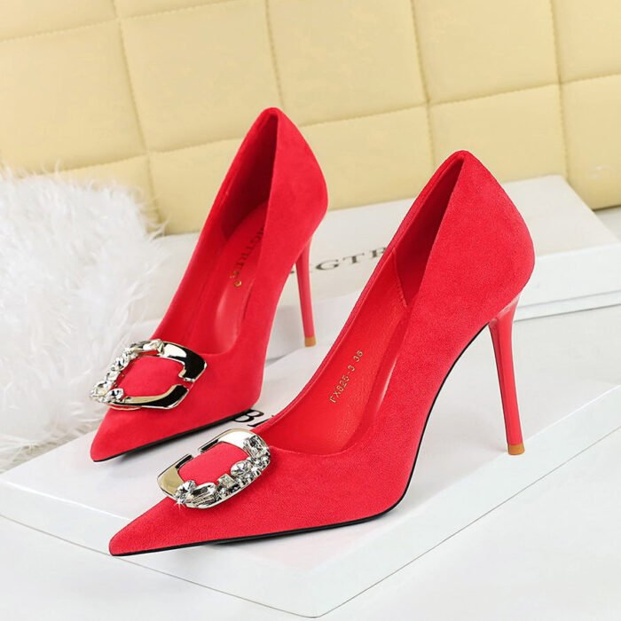 BIGTREE SHOES 825-K52 Banquet High Heels Women's Shoes Stiletto Heel Shallow Mouth Pointed Toe Suede Metal Rhinestone Belt Buckle Pumps - Image 1