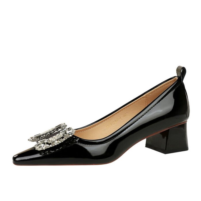 BIGTREE SHOES Women's Chunky Heel Low-Cut Square Toe Patent Leather Metal Rhinestone Buckle High Heel Shoes for Banquet - Image 5