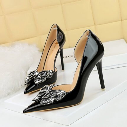 BIG TREE SHOES 638-H23 European and American Banquet Super High Heel Banquet Women's Shoes Patent Leather Stilettos Shallow Mouth Pointed Toe Rhinestone Bow Pumps