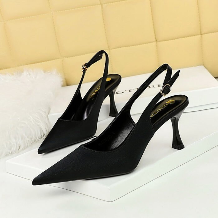 BIGTREE SHOES 3716-1 Korean Style Stylish Simple and Versatile Satin Women's Shoes High Heel Skinny Shallow Mouth Pointed-Toe Hollowed Back Strap Pumps - Image 2