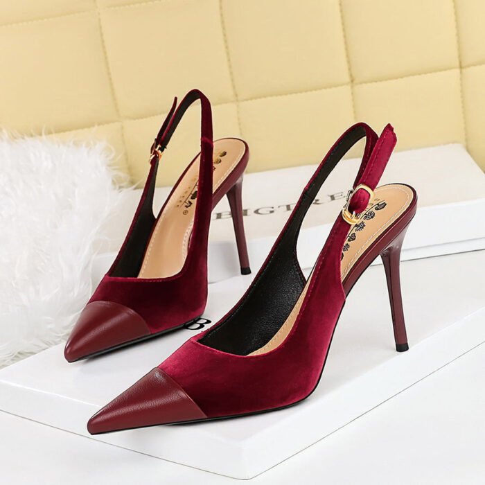 BIGTREE SHOES 8315-1 High Heels Women's Shoes Shallow Mouth Suede Thick Suede Stitching Pointed Toe Slingback Hollow out Back Strap Pumps - Image 1