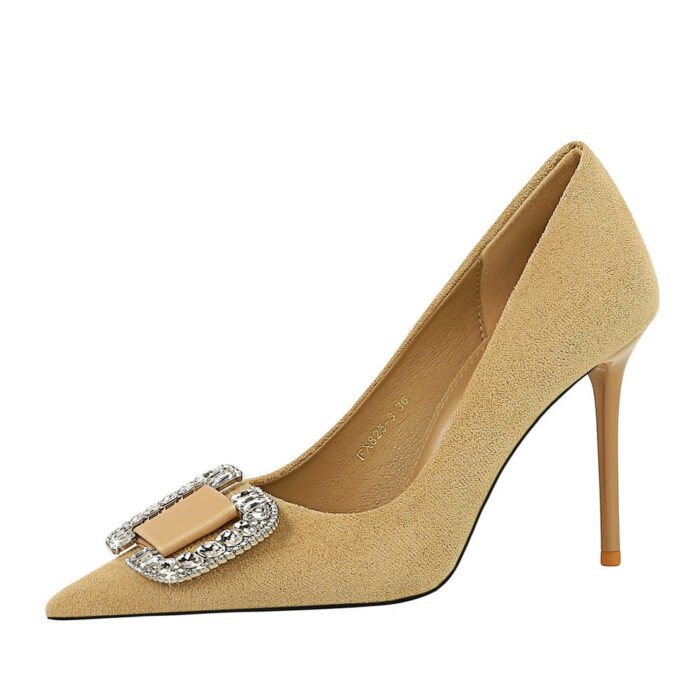BIGTREE SHOES 825-K69 Korean Style Fashionable Banquet High Heels Stiletto Heel Women's Shoes Suede Shallow Mouth Pointed Metal Rhinestone Buckle Single-Layer Shoes - Image 4