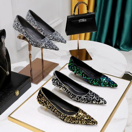 Bigtree shoes 237-21 Korean style new fashion temperament banquet sparkle sequins women's shoes mid-heel low-cut pointed shiny crystal pumps