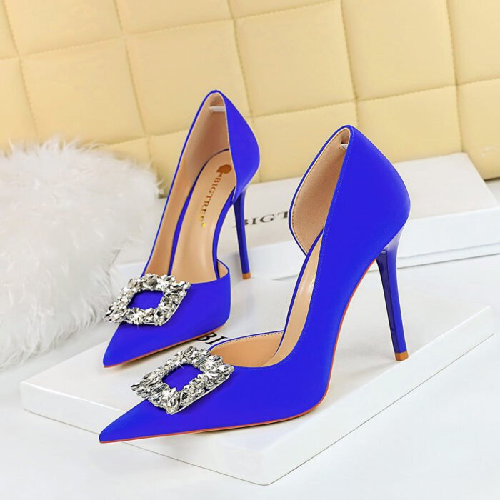 BIG TREE Shoes 626-K5 European and American Style Banquet Women's Shoes High Heels Stiletto Low-Cut Pointed Side Hollow-out Rhinestone Buckle Super High Heel Shoes - Image 1