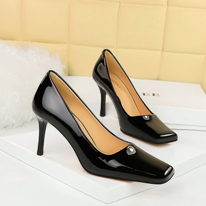 BIG TREE SHOES 7731-3 European and American Style Fashionable Simple Glossy High Heels Patent Leather Stilettos High Heel Low-Cut Square Toe Shoes Women's Shoes - Image 4