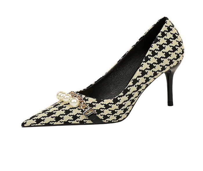 9283-A1 European and American thin-heeled high-heeled shallow-pointed cloth plaid houndstooth metal chain pearl shoes - Image 25