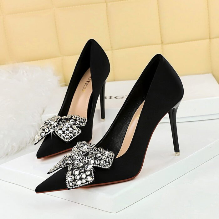 BIG TREE SHOES 18249-h29 European and American Style Banquet High Heels Stiletto Heel Shallow Mouth Pointed Toe Satin Rhinestone Bow High Heel Pumps - Image 1