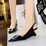 BIGTREE SHOES 1097-k63 Banquet Wedge Women's Shoes High Heel Low-Cut Pointed-Toe Hollowed Back Strap Metal Square Rhinestone Buckle Pumps